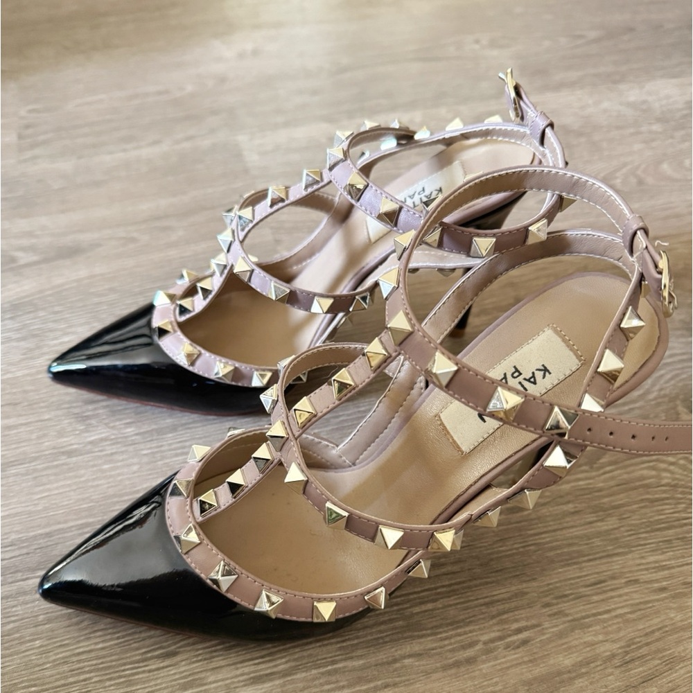 Kaitlyn Pan Patent Black/Nude Studded Pointed Heels - Picture 2 of 4